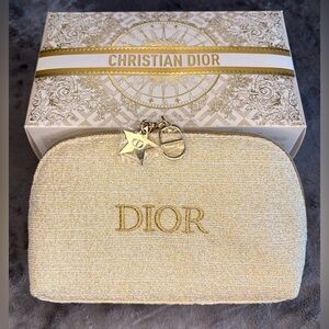 ✨ Christian Dior Metallic Gold & White Textured Makeup Bag with Gold Hardware ✨
